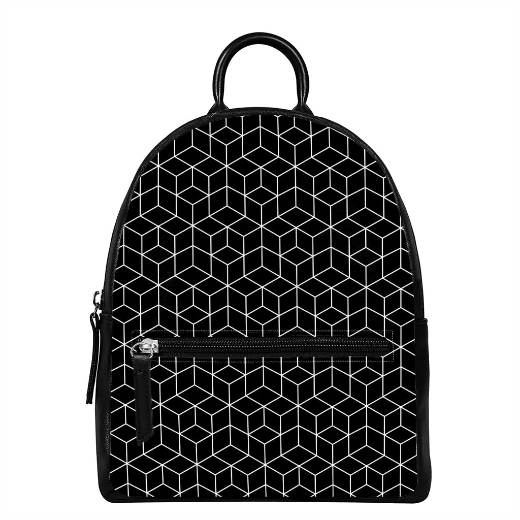 Black Geometric Cube Shape Pattern Print Leather Backpack