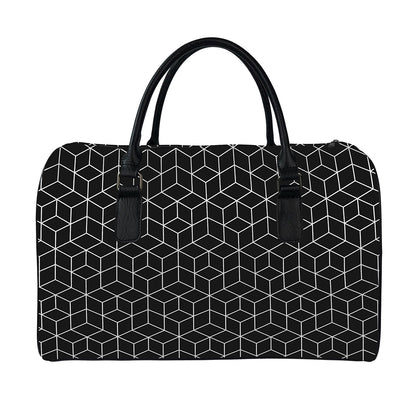 Black Geometric Cube Shape Pattern Print Leather Duffle Bag