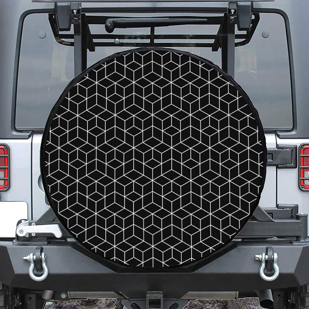 Black Geometric Cube Shape Pattern Print Leather Spare Tire Cover