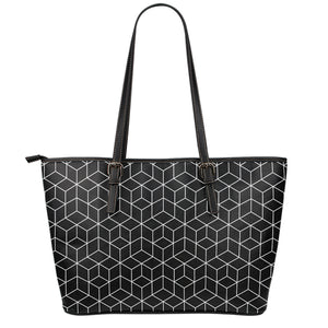 Black Geometric Cube Shape Pattern Print Leather Tote Bag