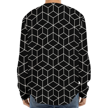 Black Geometric Cube Shape Pattern Print Long Sleeve Baseball Jersey