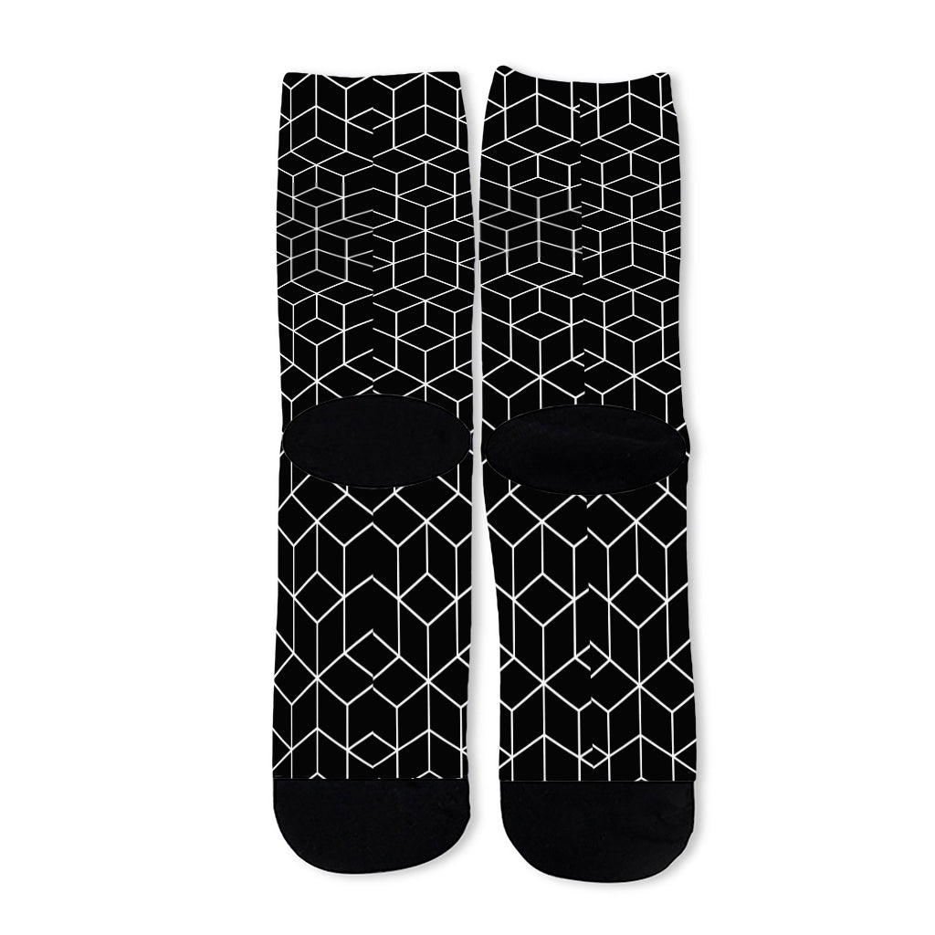 Black Geometric Cube Shape Pattern Print Long Socks