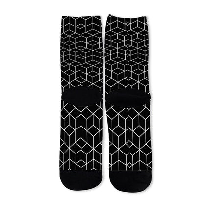 Black Geometric Cube Shape Pattern Print Long Socks