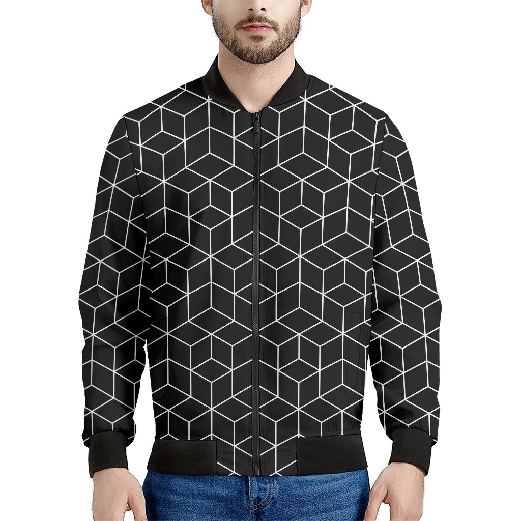 Black Geometric Cube Shape Pattern Print Men's Bomber Jacket