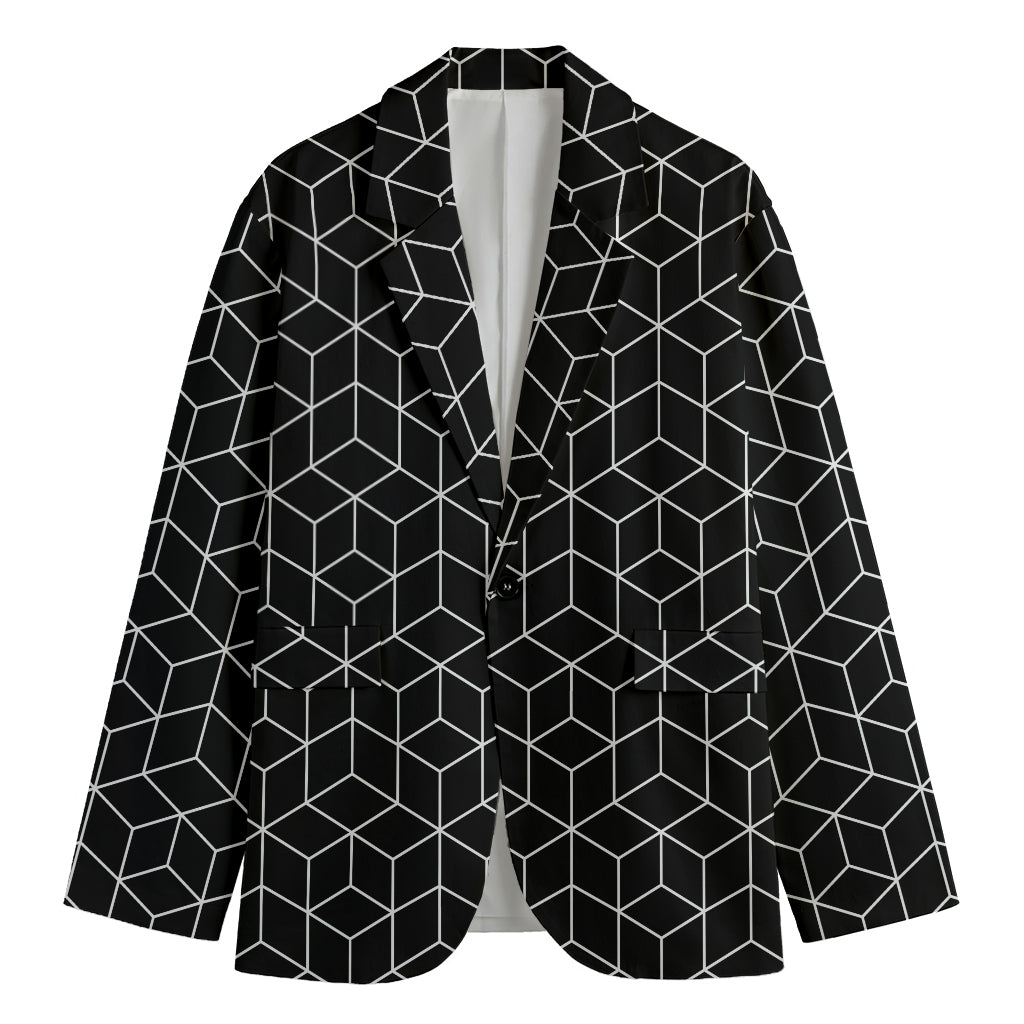 Black Geometric Cube Shape Pattern Print Men's Cotton Blazer