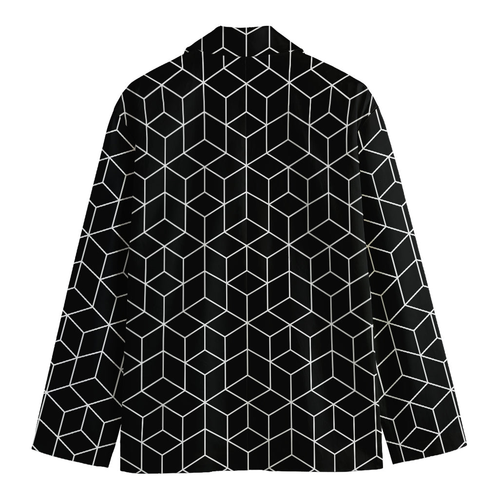 Black Geometric Cube Shape Pattern Print Men's Cotton Blazer