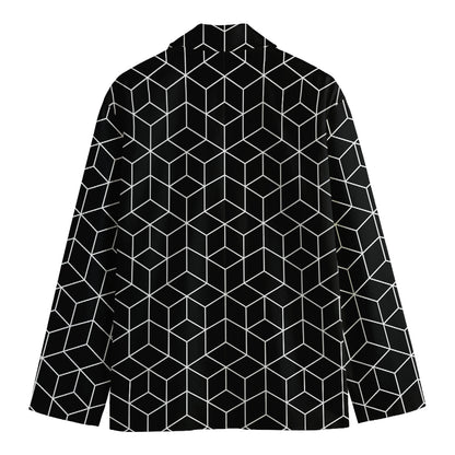 Black Geometric Cube Shape Pattern Print Men's Cotton Blazer