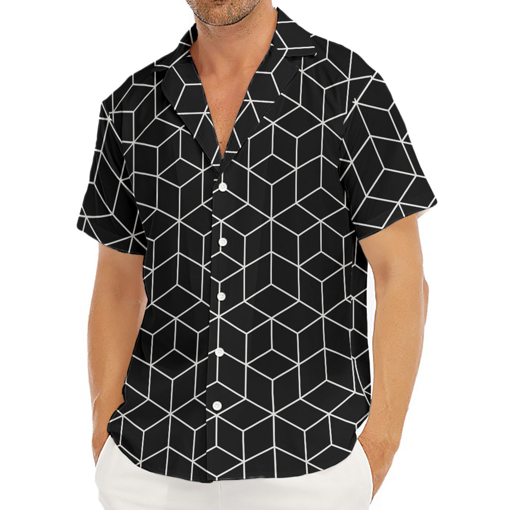Black Geometric Cube Shape Pattern Print Men's Deep V-Neck Shirt