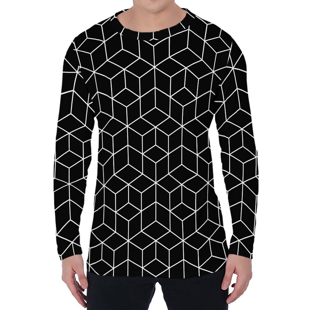 Black Geometric Cube Shape Pattern Print Men's Long Sleeve T-Shirt
