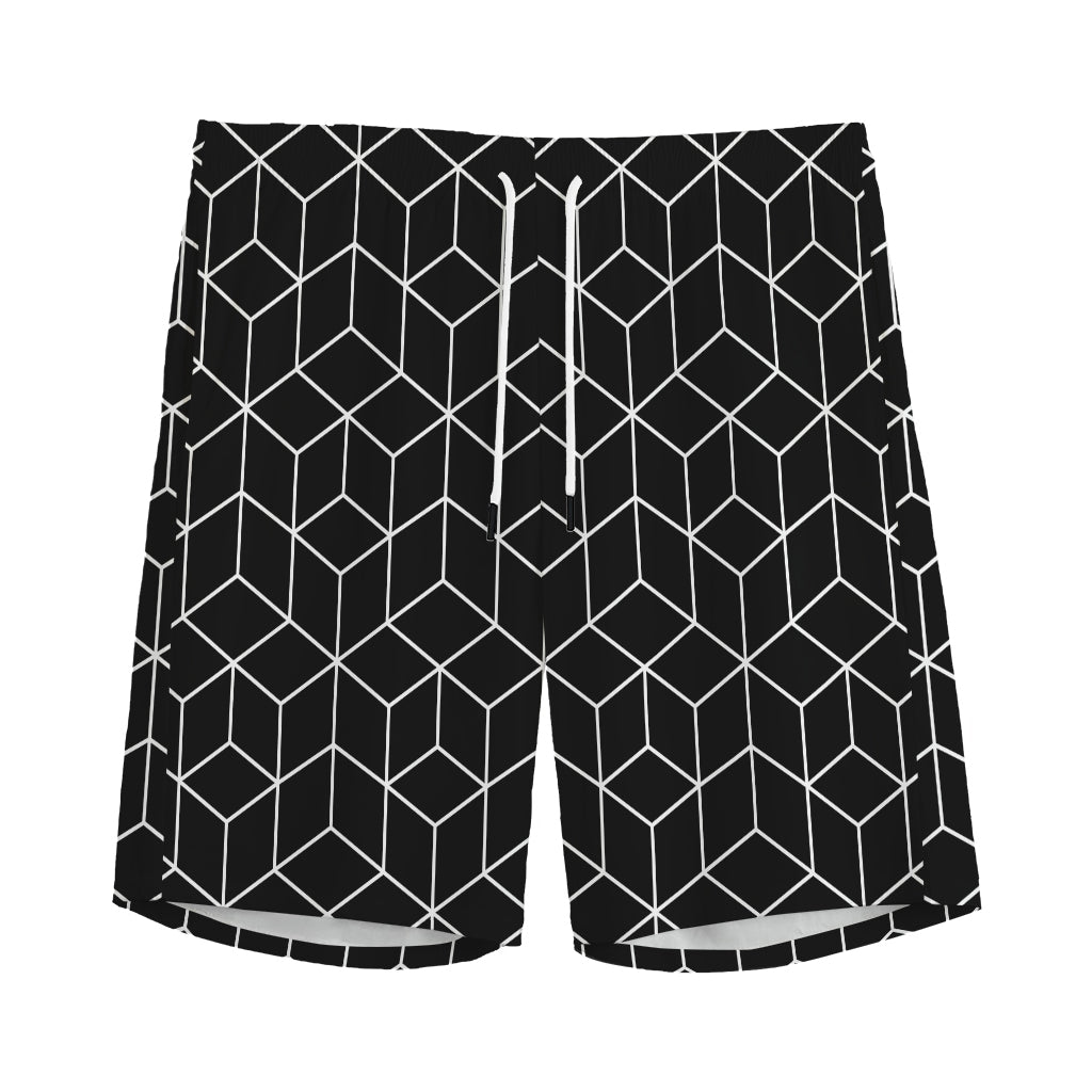 Black Geometric Cube Shape Pattern Print Men's Sports Shorts