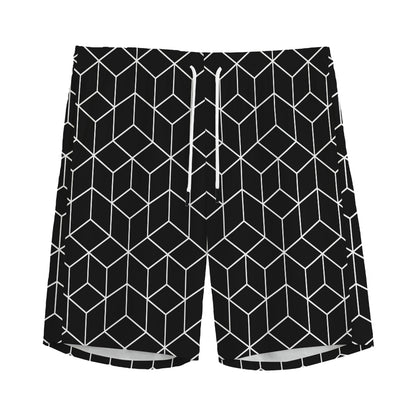 Black Geometric Cube Shape Pattern Print Men's Sports Shorts