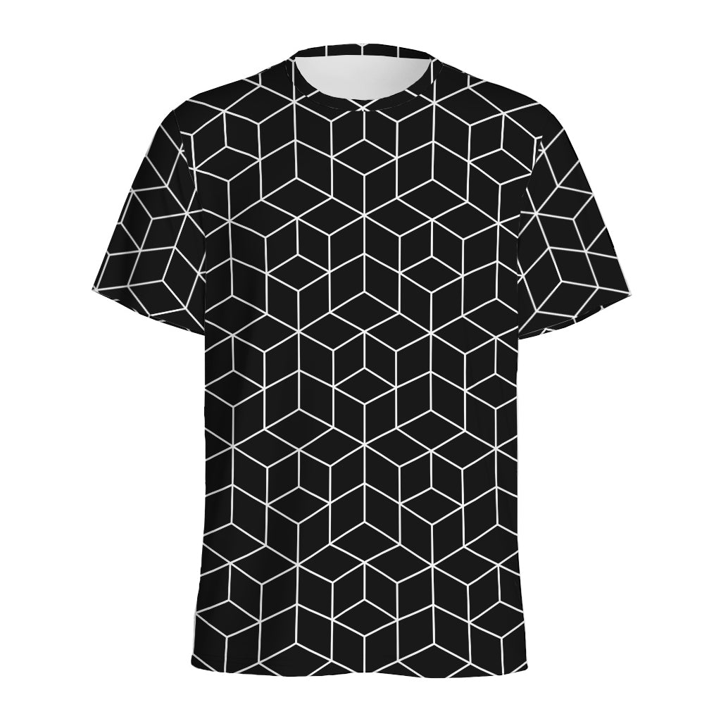 Black Geometric Cube Shape Pattern Print Men's Sports T-Shirt