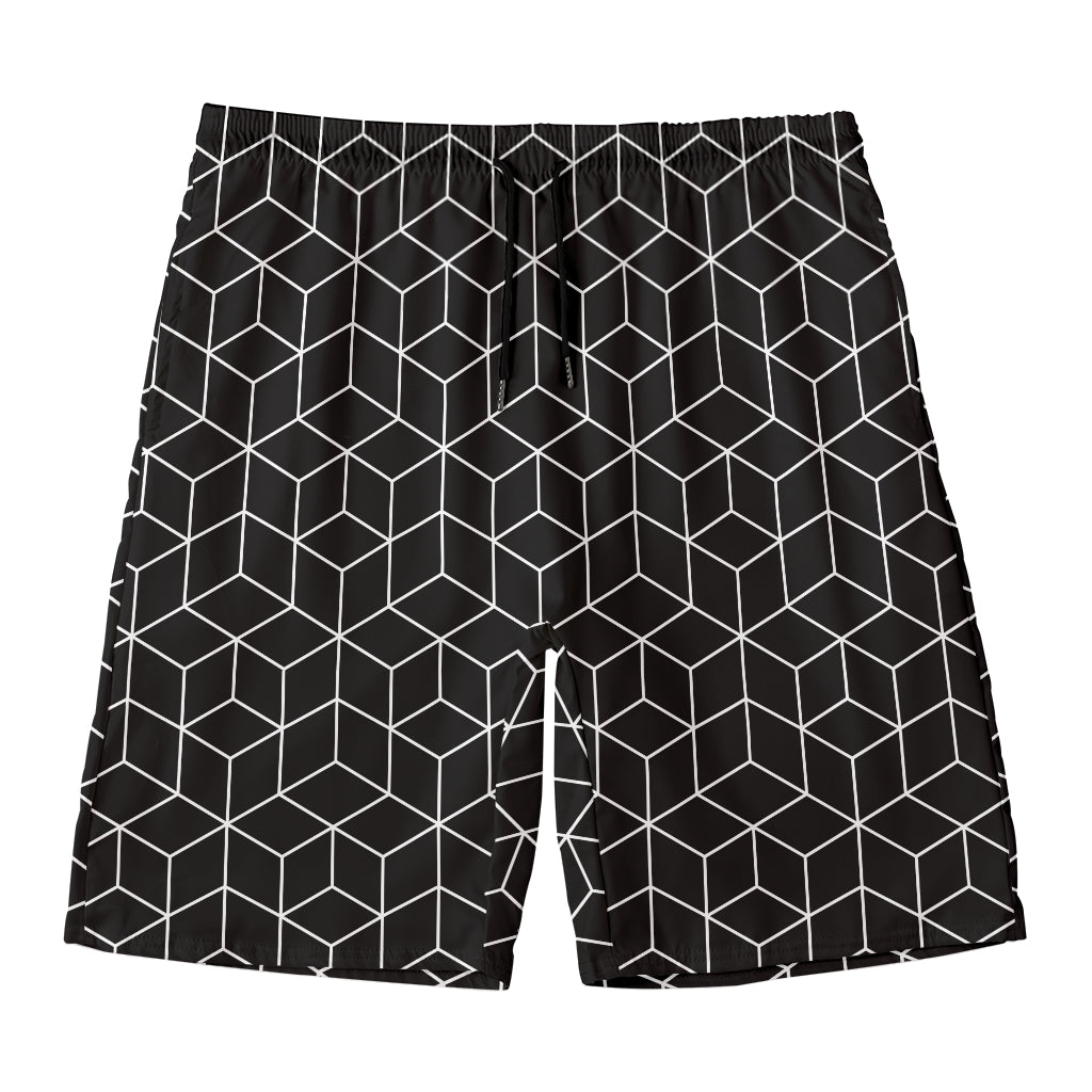 Black Geometric Cube Shape Pattern Print Men's Swim Trunks