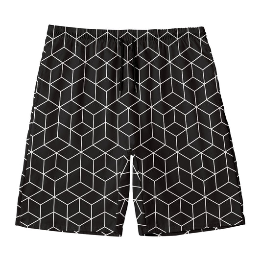 Black Geometric Cube Shape Pattern Print Men's Swim Trunks