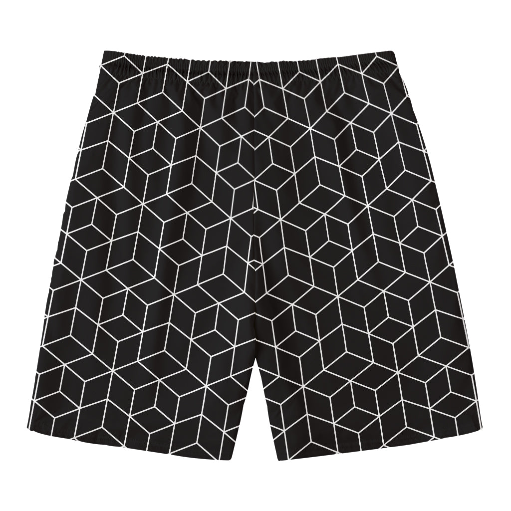 Black Geometric Cube Shape Pattern Print Men's Swim Trunks