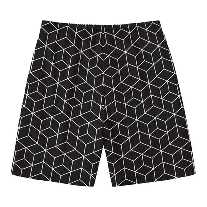 Black Geometric Cube Shape Pattern Print Men's Swim Trunks