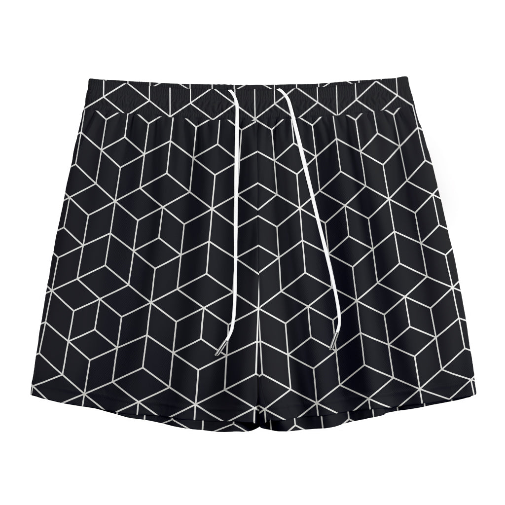 Black Geometric Cube Shape Pattern Print Mesh Shorts