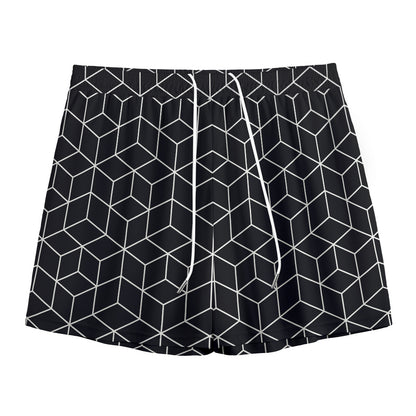 Black Geometric Cube Shape Pattern Print Mesh Shorts