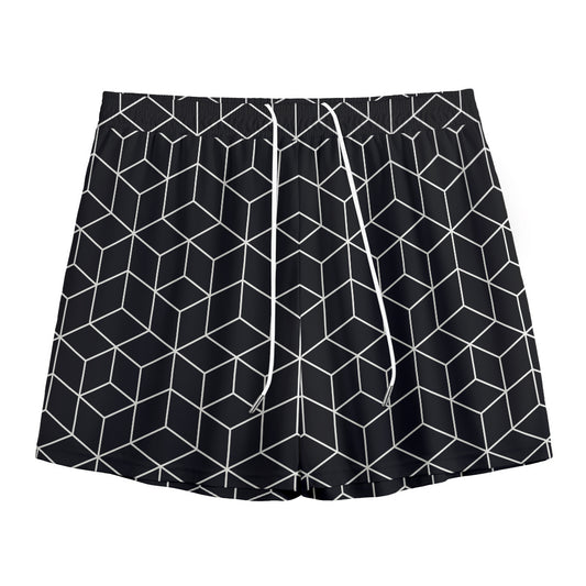 Black Geometric Cube Shape Pattern Print Mesh Shorts