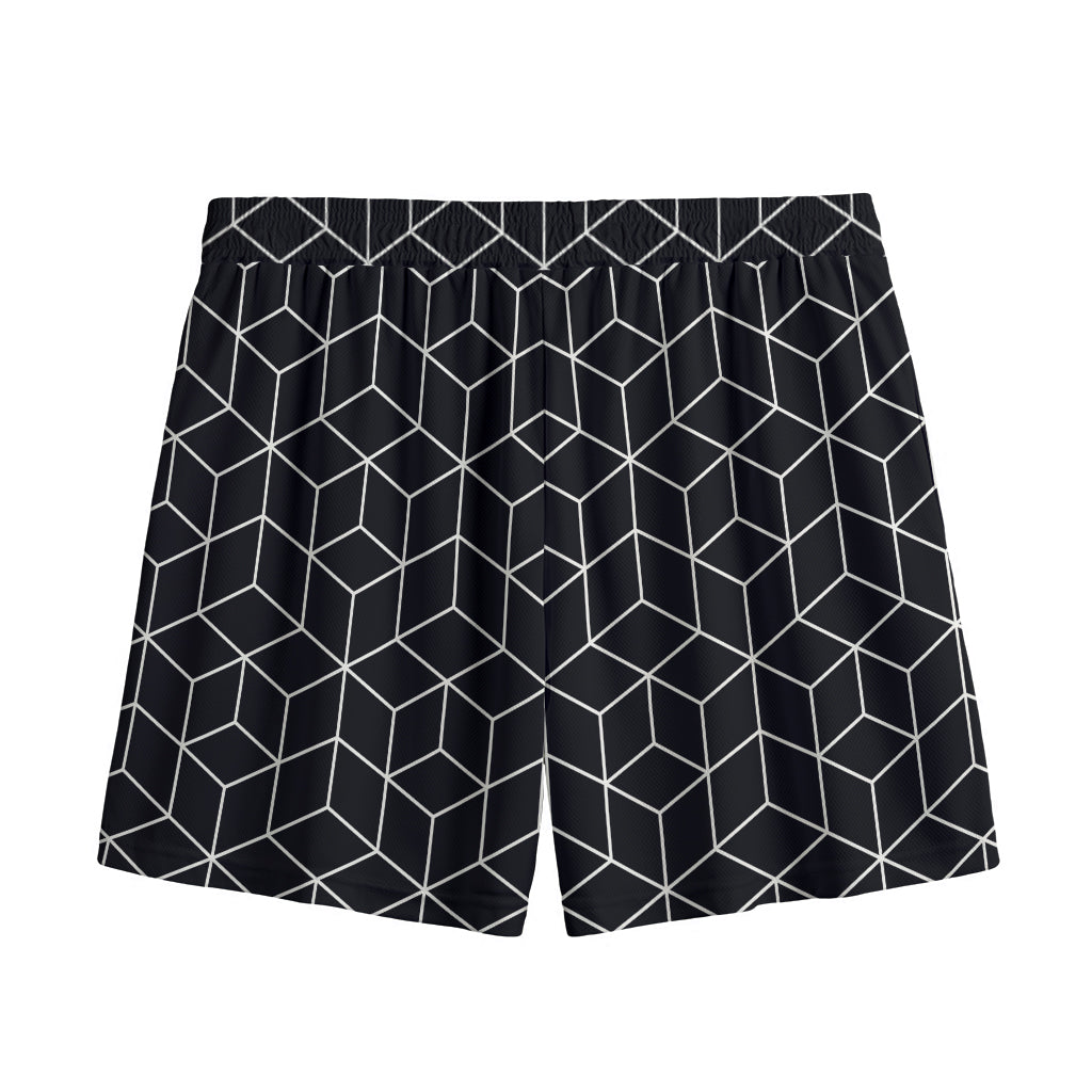 Black Geometric Cube Shape Pattern Print Mesh Shorts