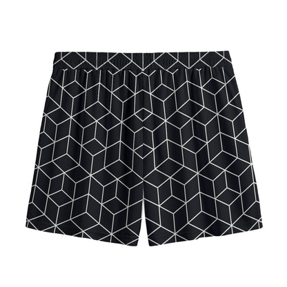 Black Geometric Cube Shape Pattern Print Mesh Shorts