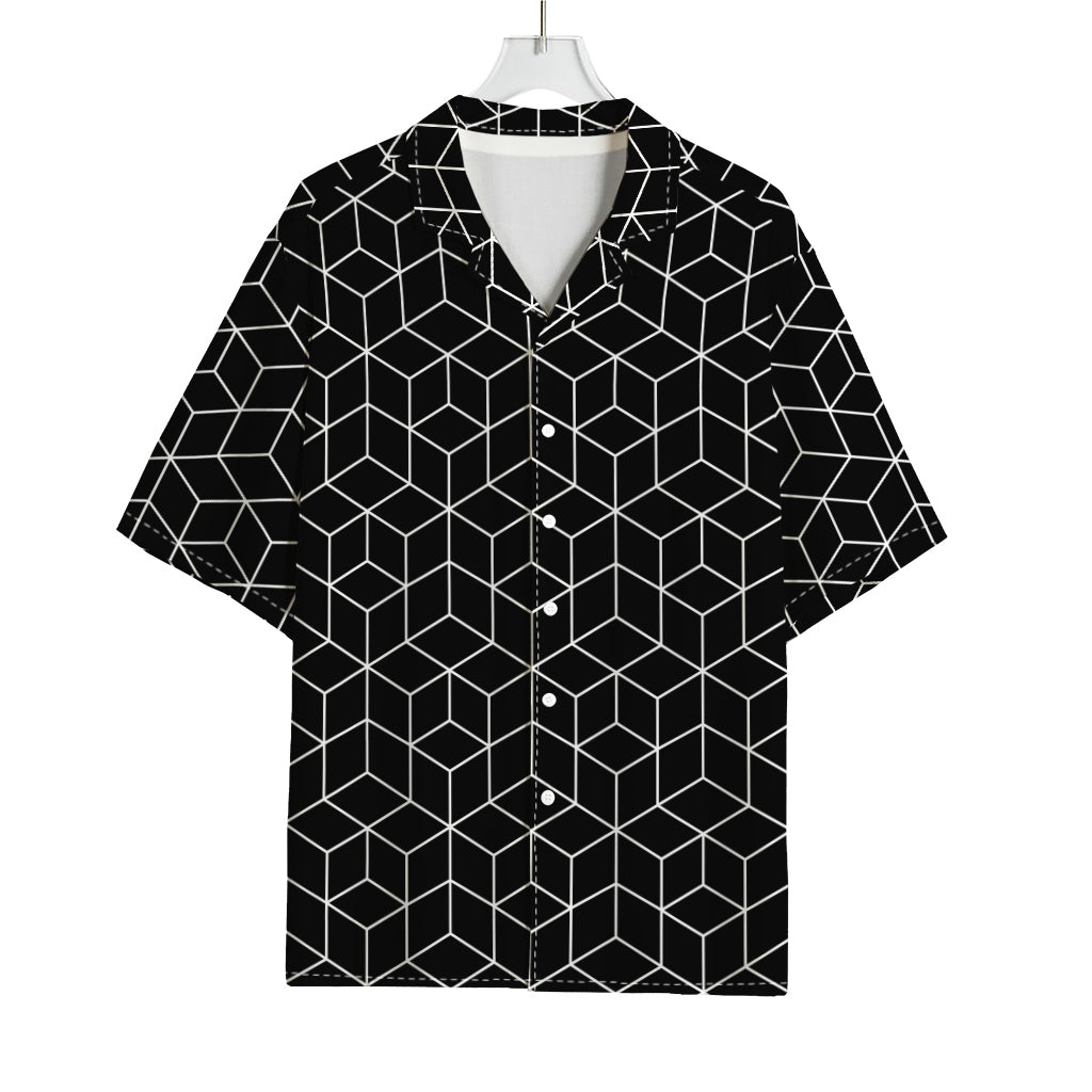 Black Geometric Cube Shape Pattern Print Rayon Hawaiian Shirt