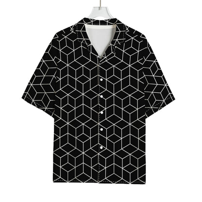 Black Geometric Cube Shape Pattern Print Rayon Hawaiian Shirt
