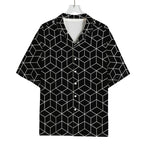 Black Geometric Cube Shape Pattern Print Rayon Hawaiian Shirt