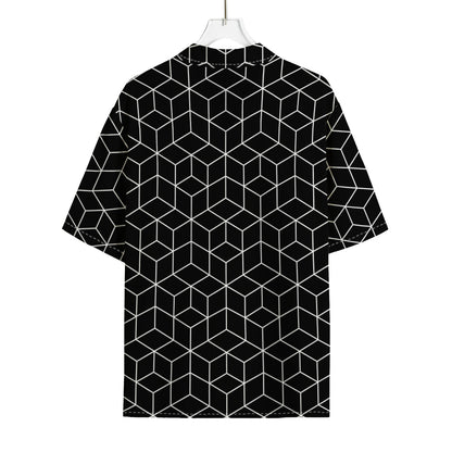 Black Geometric Cube Shape Pattern Print Rayon Hawaiian Shirt