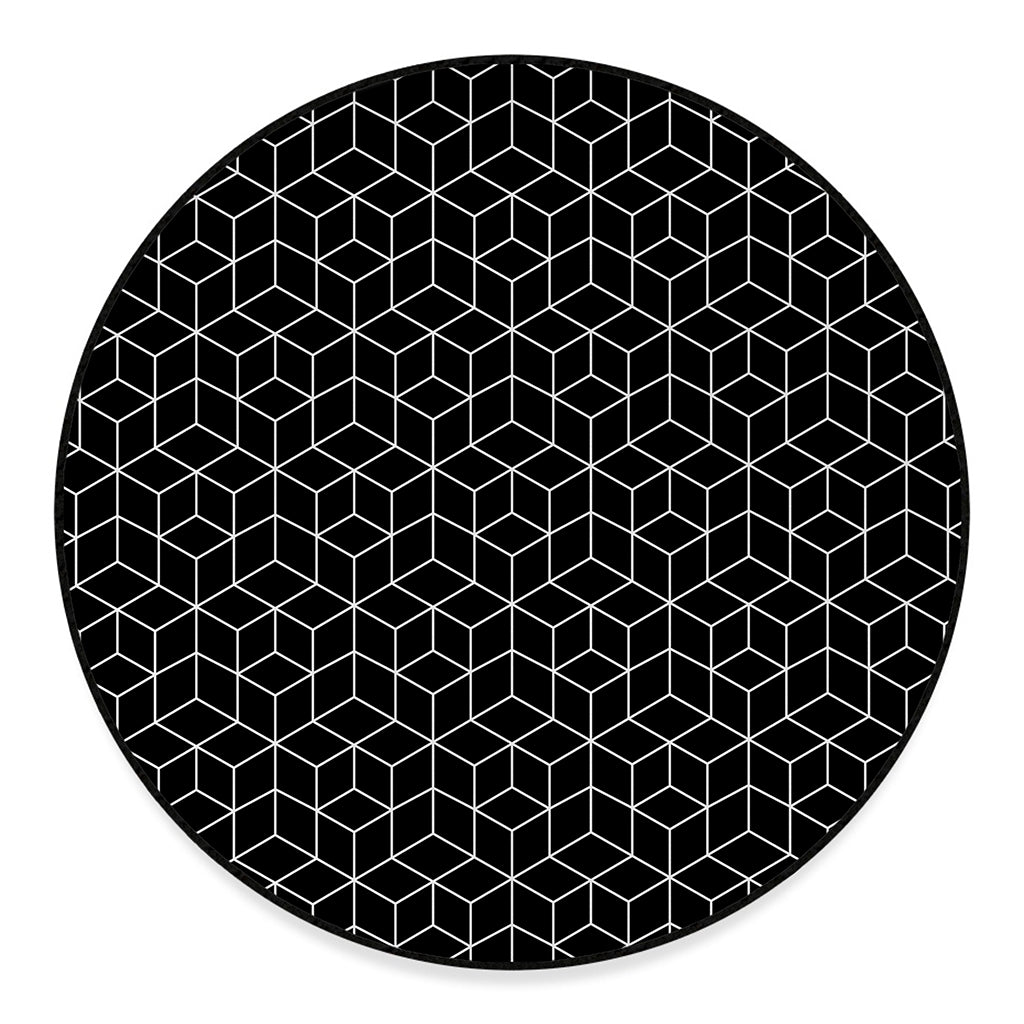 Black Geometric Cube Shape Pattern Print Round Floor Mat