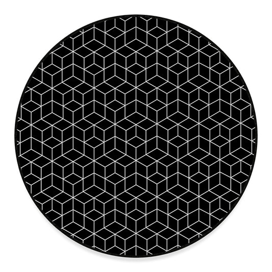 Black Geometric Cube Shape Pattern Print Round Floor Mat