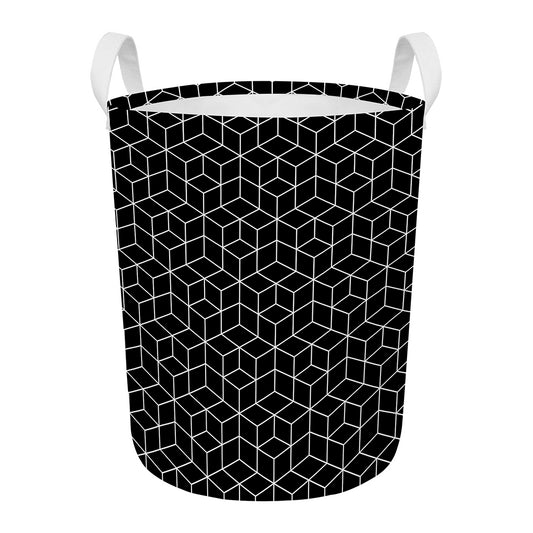 Black Geometric Cube Shape Pattern Print Round Laundry Basket
