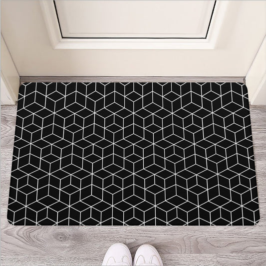 Black Geometric Cube Shape Pattern Print Rubber Doormat