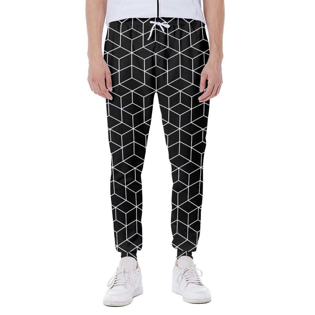 Black Geometric Cube Shape Pattern Print Scuba Joggers