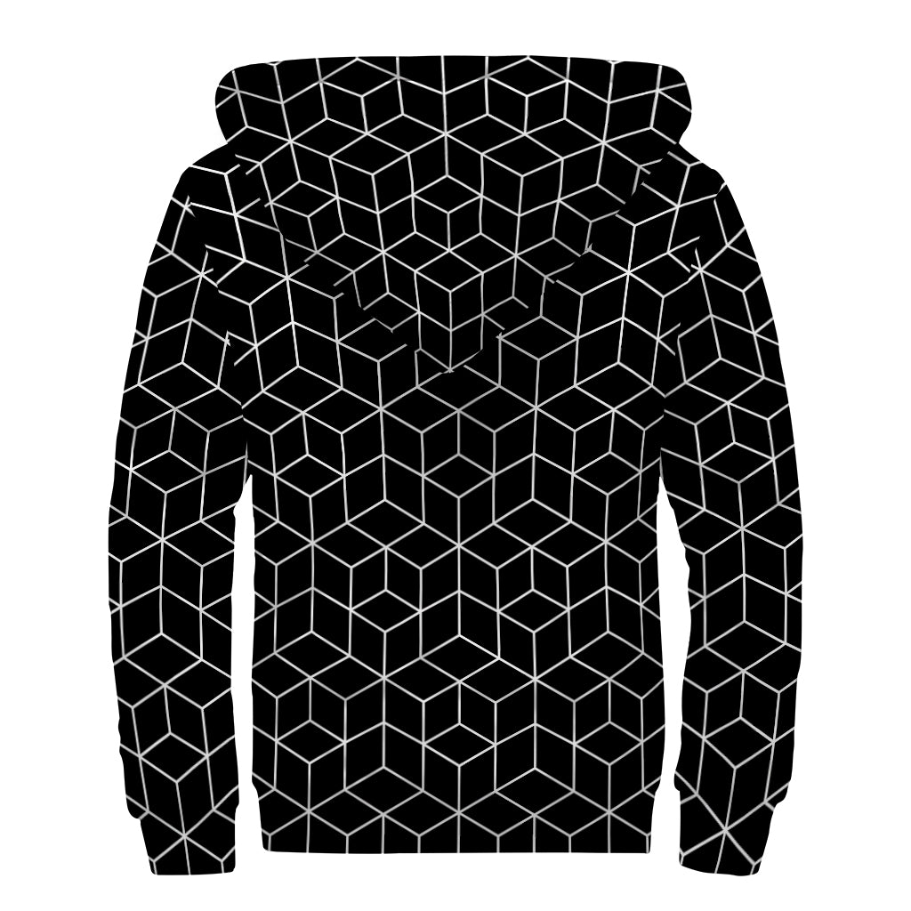 Black Geometric Cube Shape Pattern Print Sherpa Lined Zip Up Hoodie