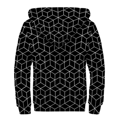 Black Geometric Cube Shape Pattern Print Sherpa Lined Zip Up Hoodie