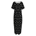 Black Geometric Cube Shape Pattern Print Short Sleeve Long Nightdress