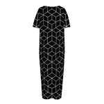 Black Geometric Cube Shape Pattern Print Short Sleeve Long Nightdress
