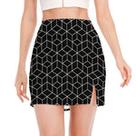 Black Geometric Cube Shape Pattern Print Side Slit Mini Skirt