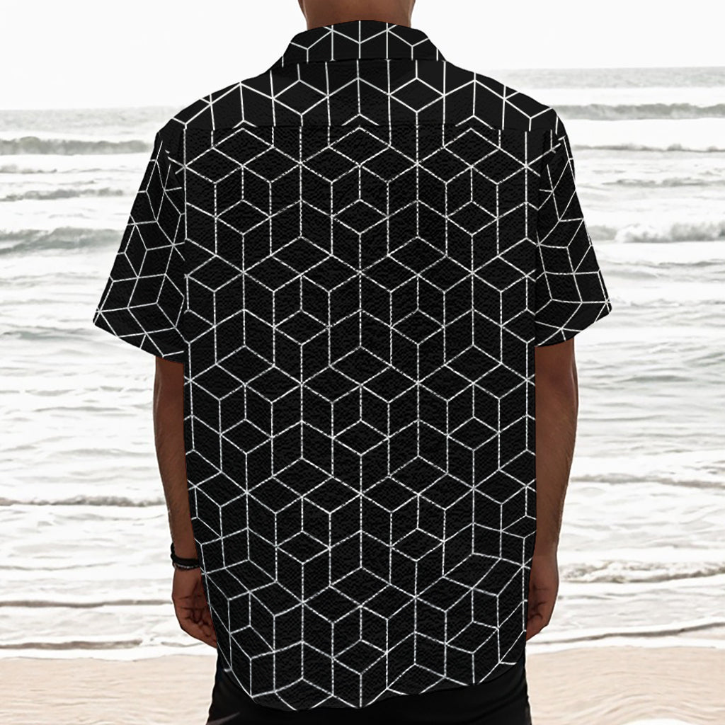 Black Geometric Cube Shape Pattern Print Textured Short Sleeve Shirt