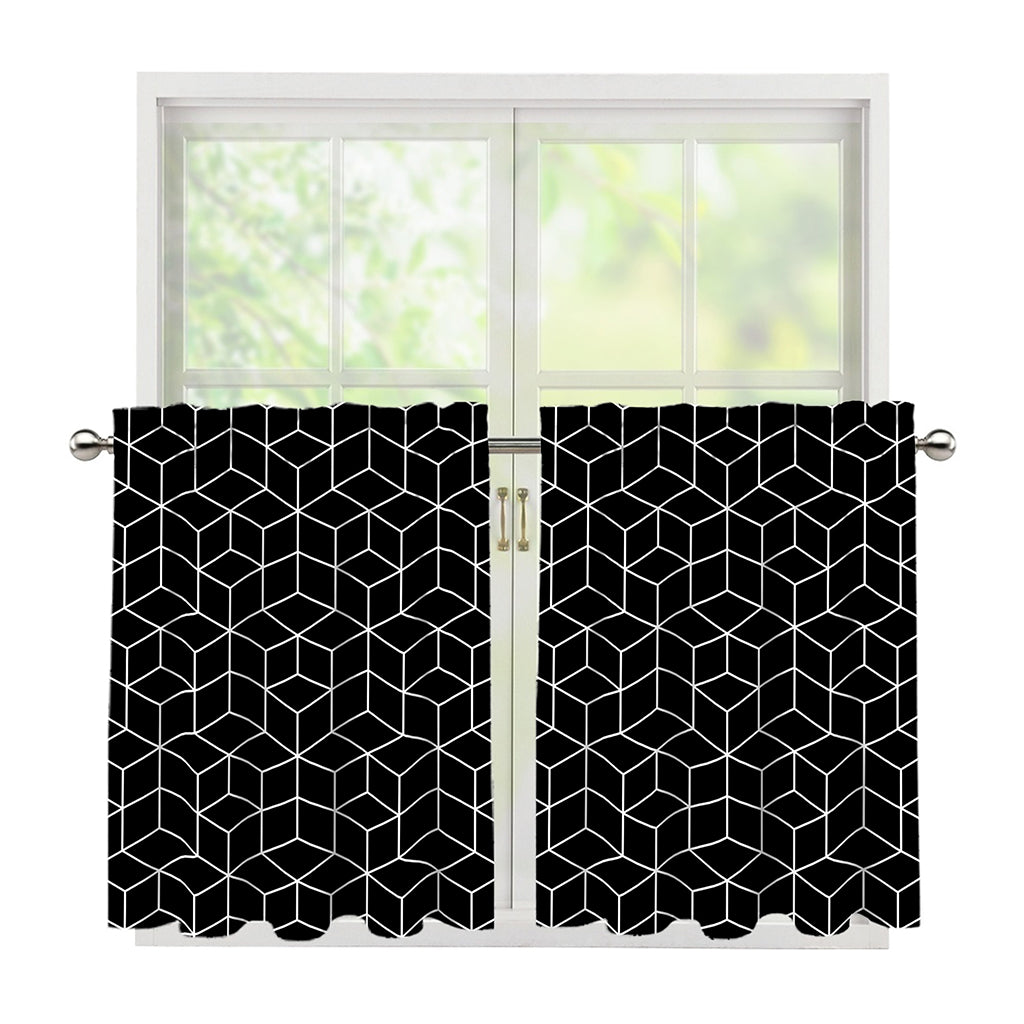 Black Geometric Cube Shape Pattern Print Tier Curtains