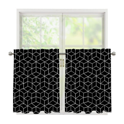 Black Geometric Cube Shape Pattern Print Tier Curtains