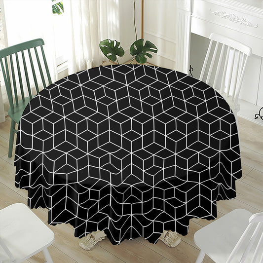 Black Geometric Cube Shape Pattern Print Waterproof Round Tablecloth