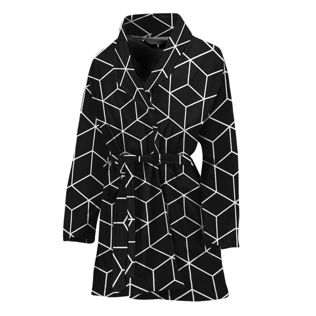 Black Geometric Cube Shape Pattern Print Women's Bathrobe