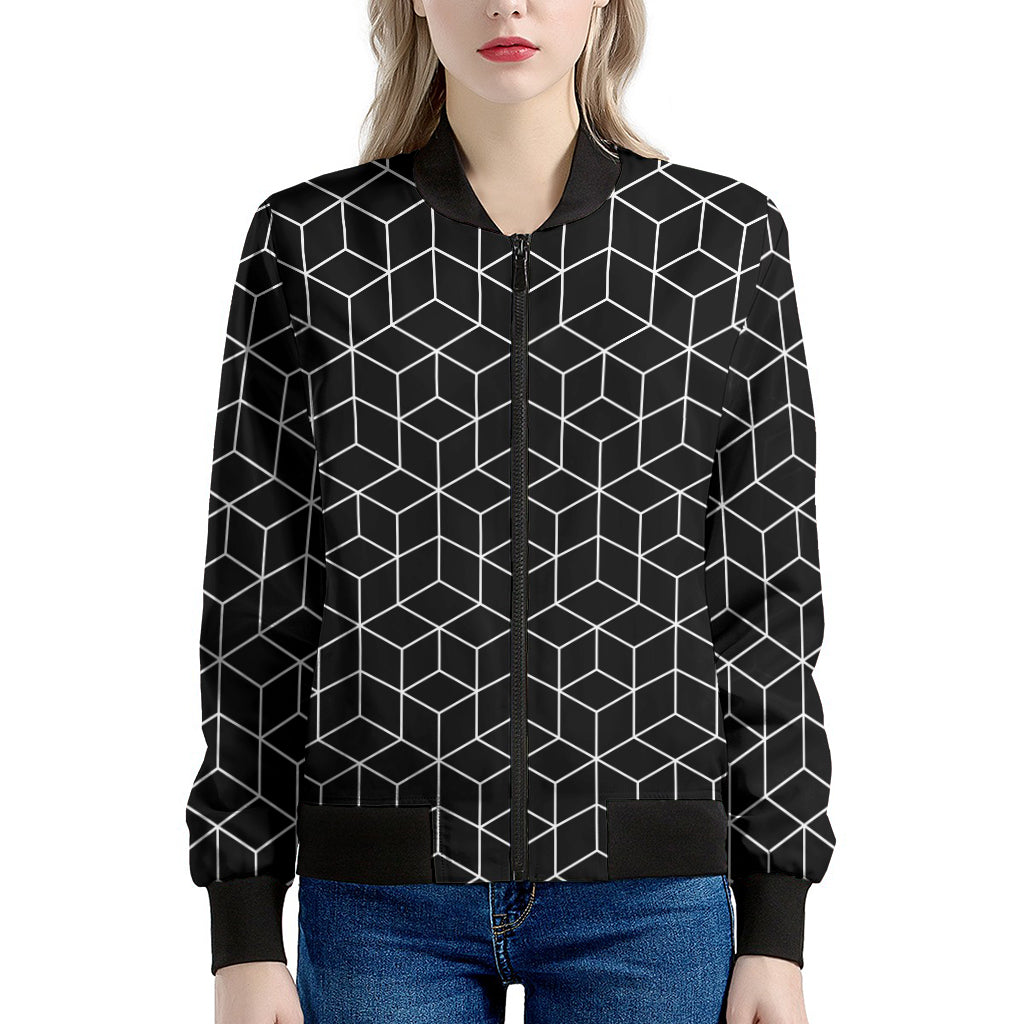 Black Geometric Cube Shape Pattern Print Women's Bomber Jacket