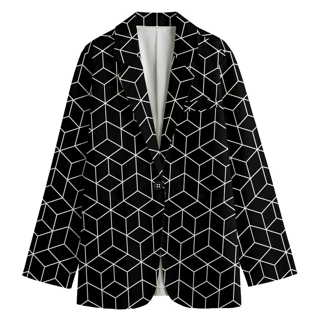 Black Geometric Cube Shape Pattern Print Women's Cotton Blazer
