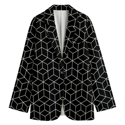 Black Geometric Cube Shape Pattern Print Women's Cotton Blazer