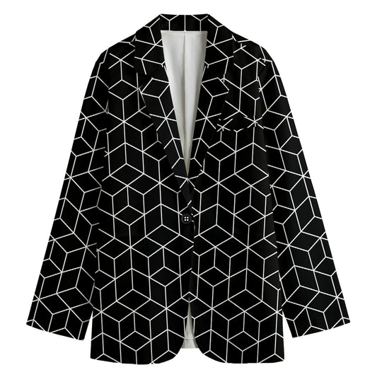 Black Geometric Cube Shape Pattern Print Women's Cotton Blazer
