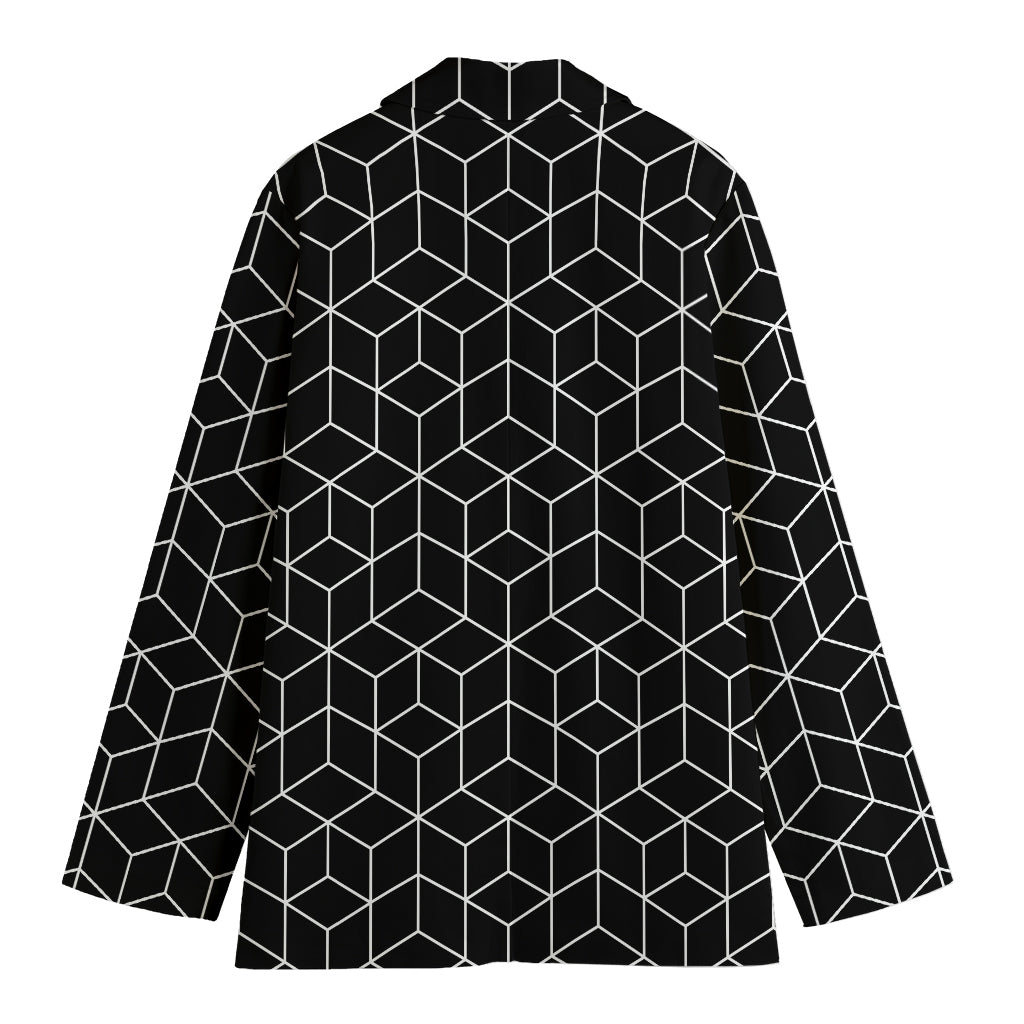 Black Geometric Cube Shape Pattern Print Women's Cotton Blazer
