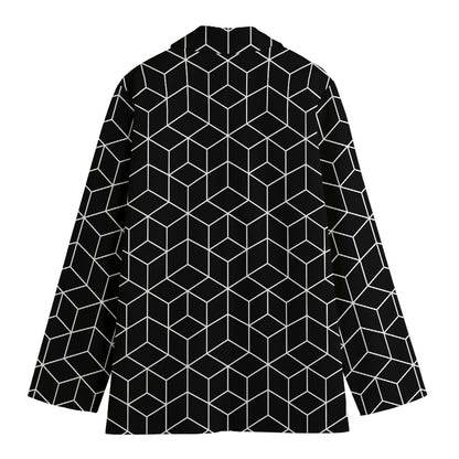 Black Geometric Cube Shape Pattern Print Women's Cotton Blazer